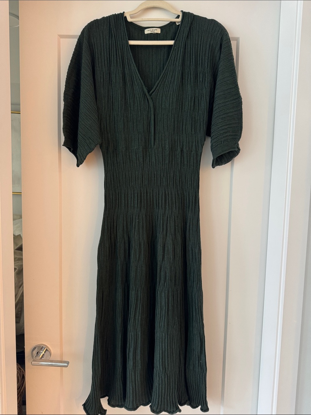 Max Studio Textured V-Neck Midi Dress in Dark Green